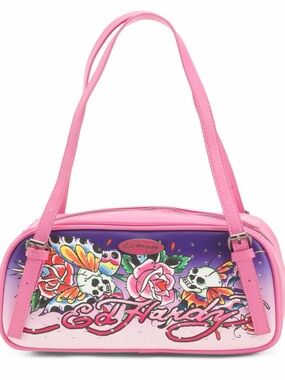 Ed Hardy Pink Satchel Bag Adjustable Straps Skull Flowers Rhinestone Y2K NWT $80